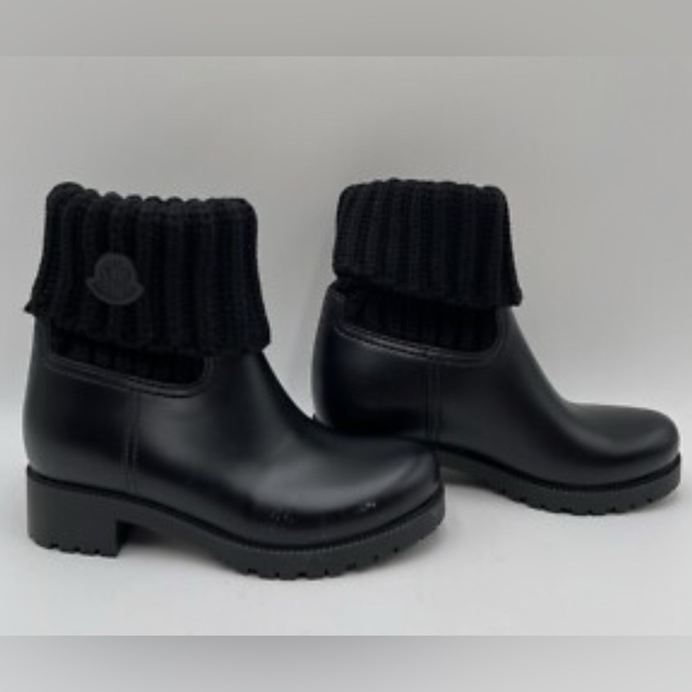 Moncler EUC Ginette Black Ankle Boots with Knit Cuff Size 38